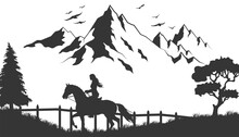 Vector Flat Cartoon Cowboy Man Riding Horse Isolated On Landscape Background. 3D Illustration.