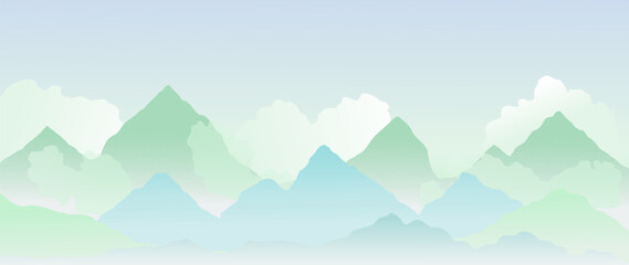 Vector landscape with green mountains and fog. Earth tones scenery background with clouds. Abstract landscape art for print, cover, wallpaper, minimal and natural wall art.