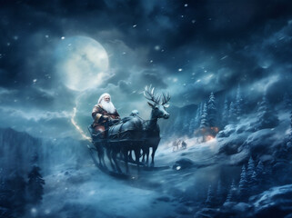 Wall Mural - claus holiday santa winter december christmas claus sleigh gift night reindeer. Generative AI.