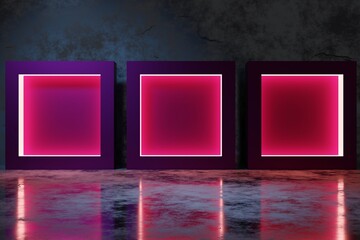 Wall Mural - 3d render, blue pink violet neon abstract background, ultraviolet light, night club empty room interior, tunnel or corridor, glowing panels, fashion podium, performance stage decorations,