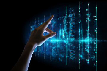 Wall Mural - hand touching the vertical hologram panel with one finger, panel graphics, numbers, letters and symbols, hyper realistic, beautiful futuristic light, colorful light curve background,