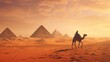A nomad rides a camel near the pyramids in the desert of Egypt