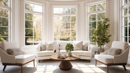 Wall Mural - Interior of a beige home's living room featuring a couch and chairs and a large window