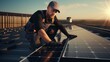 © Suleyman - On the roof, a solar panel installation company employee is assembling a photovoltaic system.