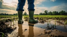 A Farmer In Rubber Boots Is Stuck In The Mud On A Flooded Plantation After A Heavy Rain Storm.