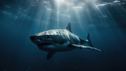 Wall Mural - Huge white shark in blue ocean swims under water. Sharks in wild. Marine life underwater in blue ocean.