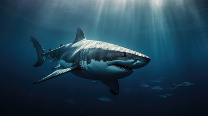 Poster - Huge white shark in blue ocean swims under water. Sharks in wild. Marine life underwater in blue ocean.