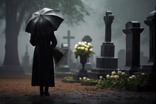 Senior Woman With Flowers Standing By Grave On Cemetery In The Pouring Rain With Umbrella