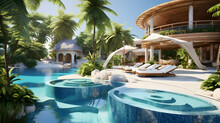 Swimming Pool In A Tropical Resort Hotel. Empty Designer Pool With Palm Trees And A Bungalo, Summer Vacations