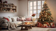 © mashimara - Cozy living toom interior with large windows and a fireplace, winter christmas setting