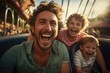 Father and children family riding a rollercoaster at an amusement park experiencing excitement, joy, laughter, and fun