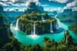 A flying island in a fantasy landscape, cloaked in mist and mystery, hovering over a serene, emerald-green sea - AI Generative