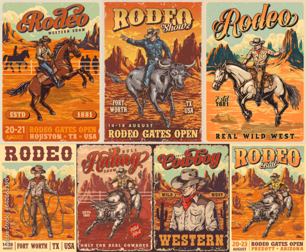 Cowboy rodeo set stickers colorful Stock Vector | Adobe Stock