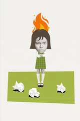 Poster - Photo vertical collage of mad school girl sad pupil hold crossed hands cannot find solution hard homewok task burnout concept