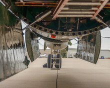 View Underneath B-29 Superfortress With Bomb Bay Doors Open And Forward Lower Gun Turret Visible