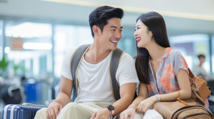 Young good-looking Asian couple sitting with suitcases at airport for international departure travel , happy smiling people