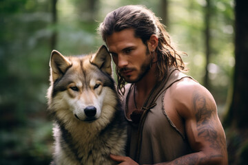 Muscular man in a forest holding a beautiful young white wolf in his arms