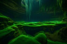 A Hidden Cave System, With Intricate Rock Formations And Underground Rivers Flowing Through Chambers Adorned With Vibrant Green Moss - AI Generative