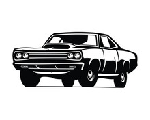 1969 Dodge Super Bee Car Vintage Logo. Silhouette Design Vector Illustration. Isolated White Background View From Side. Best For Emblem, Icon, Old Car Industry