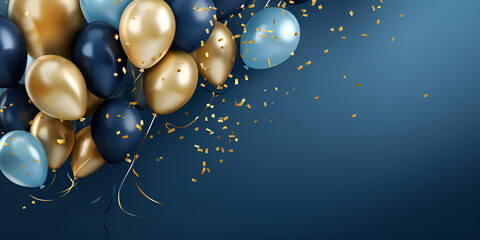 Blue and gold air balloons birthday party template background, Realistic Festive background with golden and blue balloons falling confetti blurry background, birthday banner background, generative Ai

