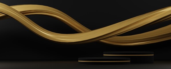 Poster - Luxury golden black background with minimal podium display for product showcase and presentation, 3D rendering