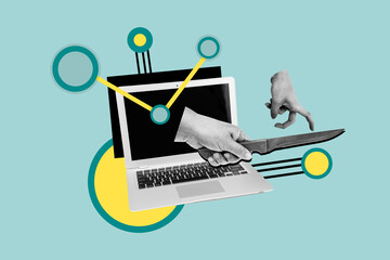 Poster - Collage black white picture image of human arms hold knife modern netbook laptop wifi connection addiction social media concept