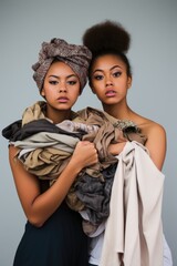 Wall Mural - shot of two young women holding a variety of garments against a gray background