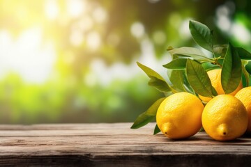 Wall Mural - lemons on wooden table with blurred nature