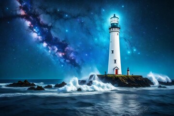 Wall Mural - Picture a surreal lighthouse on the edge of a cosmic ocean, its light beam piercing through nebulae and star clusters - AI Generative