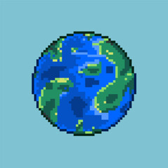Poster - Pixel art of beautiful earth. Pixel art art of earth with green zone and blue zone in earth. 8bits perfect for game asset or design asset element for your game design asset.