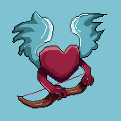 Poster - Pixel art of pixelated items. Heart character have two wings and carry a bow. Pixel art,8bits perfect for game asset or design asset element for your game design asset.