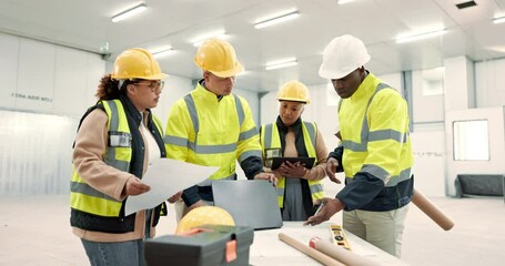 Poster - Engineering meeting, planning and teamwork of blueprint, online construction and building design collaboration. Industry people on laptop, floor plan documents and project management in architecture