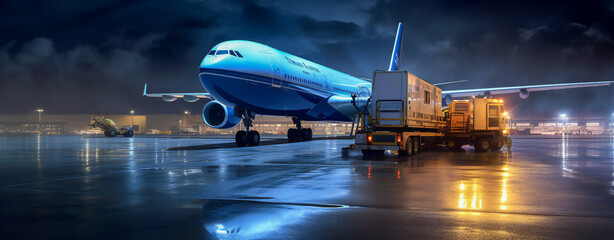 Large passenger aircraft being loaded in the night at airport