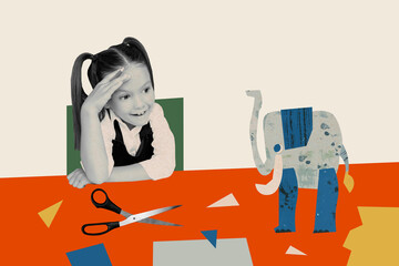 Poster - Abstract creative composite photo collage of impressed astonished girl staring at paper elephant on desk isolated on painted background