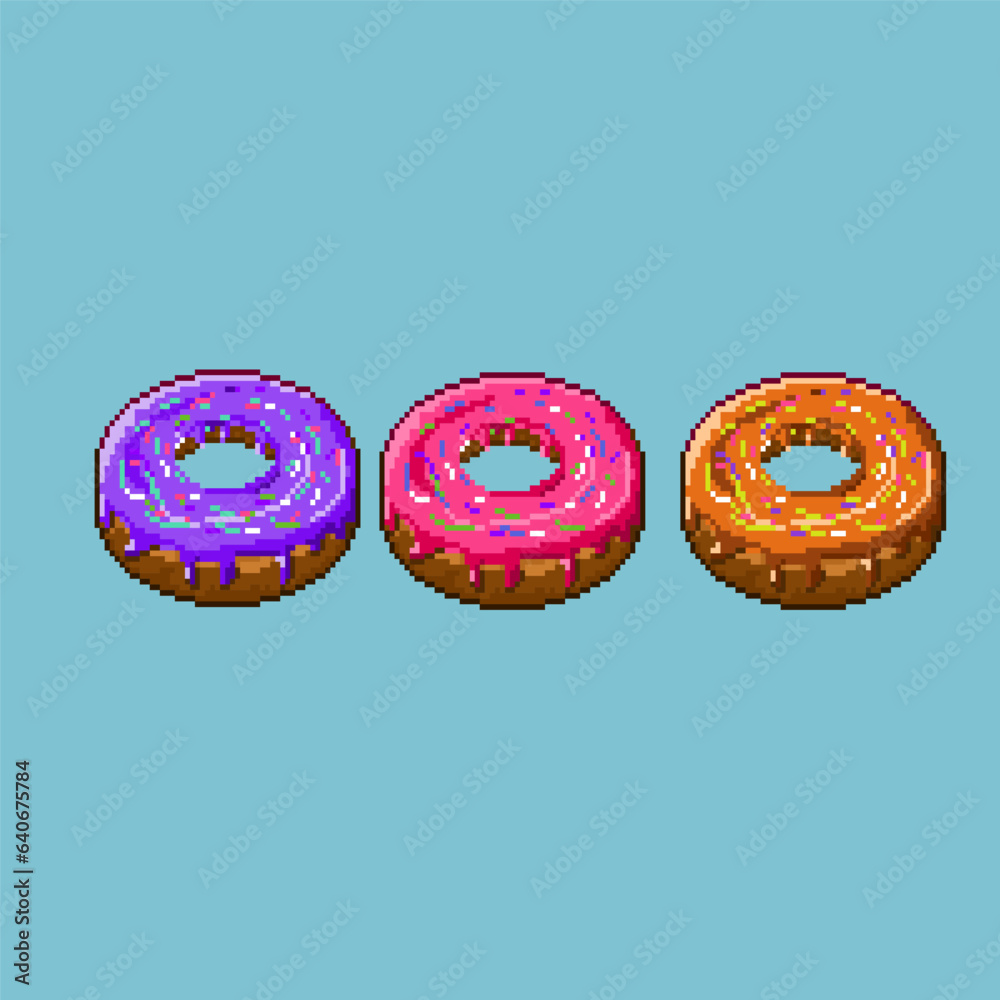 Pixel art sets of Donuts items on pixelated style. Pink,purple,and cokelat donut assets item. Pixel art,8bits perfect for game asset or design asset element for your game design asset.