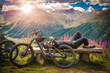 Biker is resting after a bicycle trip. Electric bike. Mountains. Alps. Livigno.