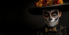Man With Dia De Los Muertos Makeup With Red And Orange Roses Around Hat, Frame Template With Copy Space