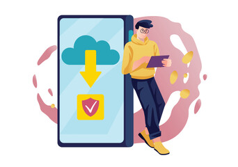 Aufkleber - Concept download app with people scene in the flat cartoon style. An experienced gadget user downloads a new mobile app to try it out. Vector illustration.