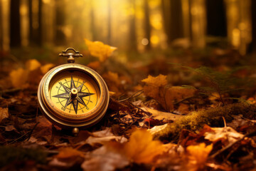 Compass laying on the yellow leaves in autumn forest. Travelling by foot in autumn season.