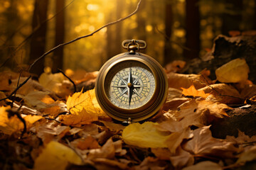 Compass laying on the yellow leaves in autumn forest. Travelling by foot in autumn season.
