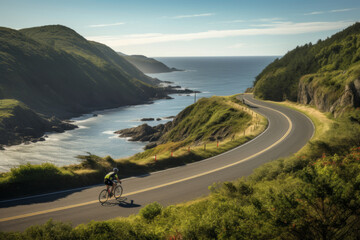 Cyclist riding a bicycle along the ocean coast on sunny summer evening.