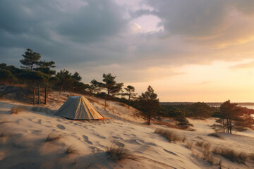 Wall Mural - Colourful tent set in sand dunes on an ocean coast on summer evening. Enjoying scenic views during an overnight hike. Hiking and trekking on a nature trail.