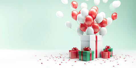 Wall Mural - Red and green balloons and gift present for christmas celebration festival or party concepts for commercial key visual design background.greeting card decoration element.copy space