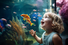 Toddler Watching The Shoal Of Fish Swimming In Oceanarium. Young Kid Exploring Ocean Wildlife.