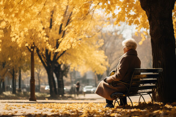 Wall Mural - Beautiful senior lady sitting alone on a bench in city park on autumn day. Elderly woman enjoying nice fall weather.