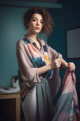 Wall Mural - fashion, designer and woman in studio with trendy hand on a clothing garment