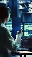 vertical video asian system administrator running code and programming on laptop, troubleshooting an
