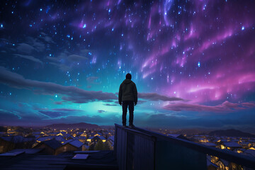 Wall Mural - Silhouette of a man standing on the roof of his house admiring the view of aurora borealis. Sky with stars and green polar lights. Northern lights.