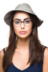 Wall Mural - a beautiful young woman wearing a casual hat and glasses isolated on white