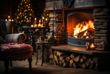 Cozy Dark Rustic Living Room With A Fireplace, Decorated For Christmas.